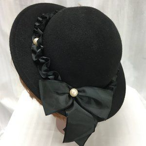 Black Mezzo Piano Hat with Black Ribbon And Pearls